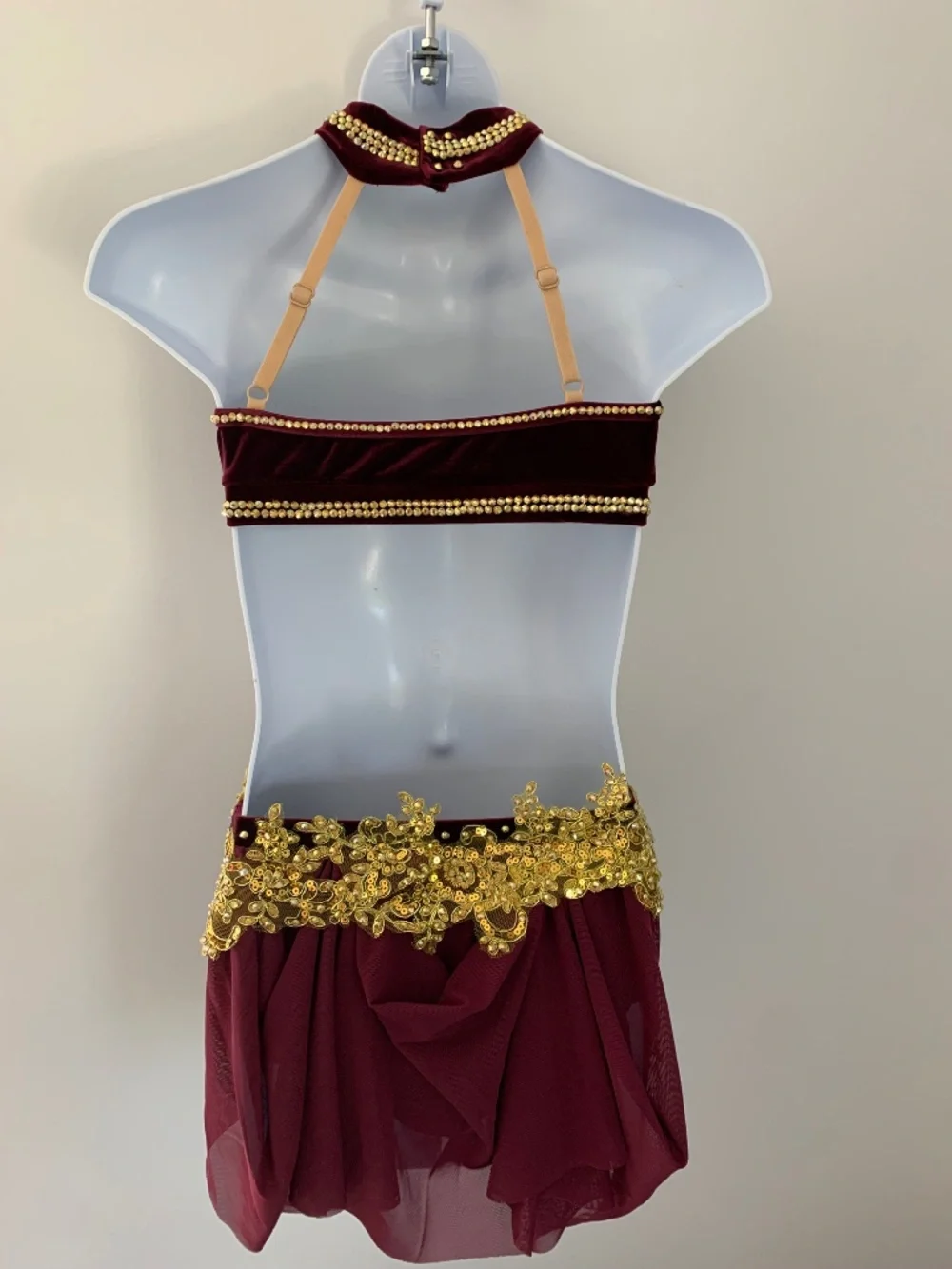 Child's Maroon Velvet Dance Costume: Gold Rhinestone Appliqués